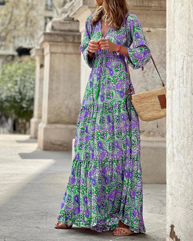 Bohemian V-Neck, Long Sleeve, High Waist Dress