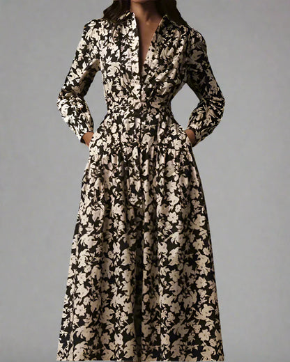 Floral Long Sleeve Shirt Dress with Belt Maxi Dress