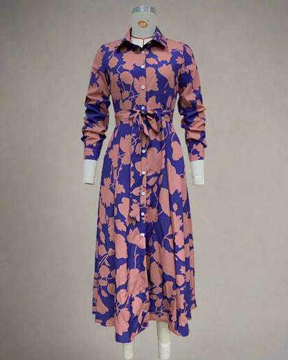 Belted Floral Shirt Dress Mid-Length Button-Down Dress