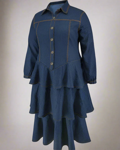 Plus Size Denim Shirt Dress Tiered Maxi Long Sleeve Dress