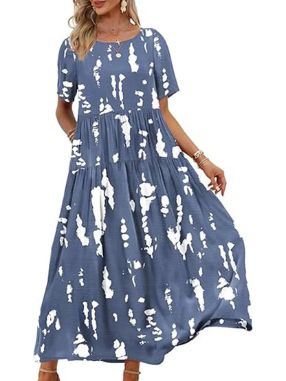 Flowy Printed Maxi Dress – Casual Loose-Fit Long Skirt Dress