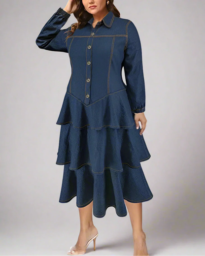Plus Size Denim Shirt Dress Tiered Maxi Long Sleeve Dress