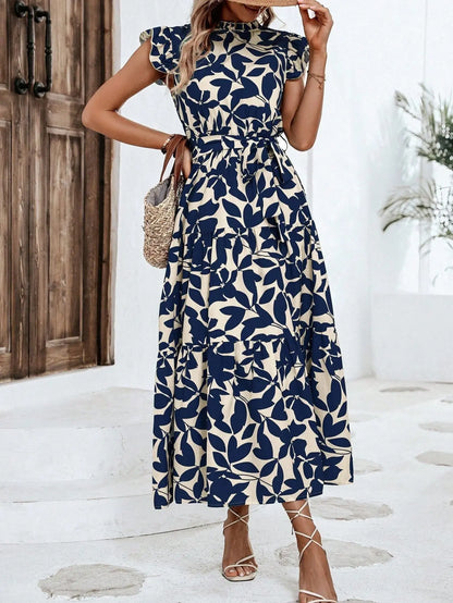 Leaf Print Midi Dress with Flying Sleeves and Lace-Up Waist