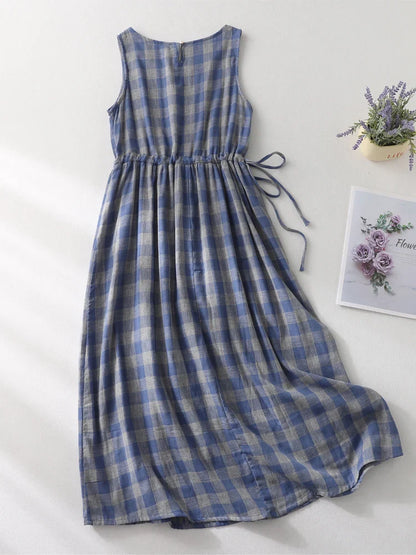 Sleeveless Midi Dress Drawstring A-Line Dress with Pockets