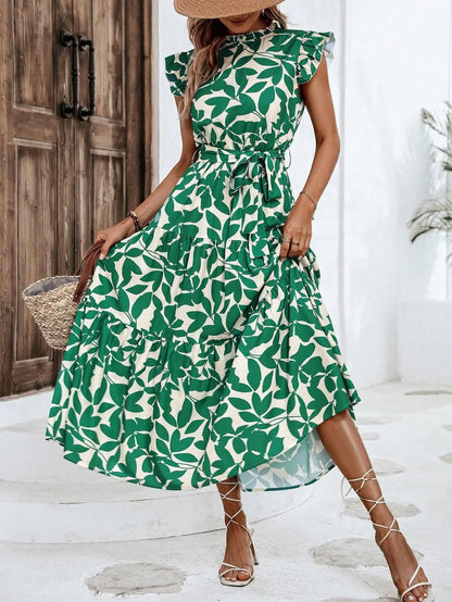 Leaf Print Midi Dress with Flying Sleeves and Lace-Up Waist
