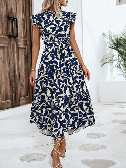 Leaf Print Midi Dress with Flying Sleeves and Lace-Up Waist