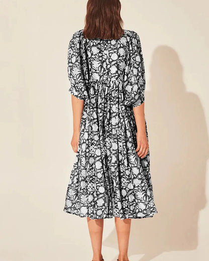 Boho Vintage Floral Puff Sleeve Patchwork Pleated Dress