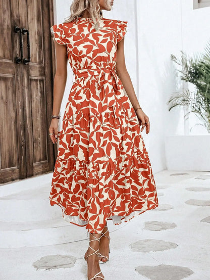 Leaf Print Midi Dress with Flying Sleeves and Lace-Up Waist
