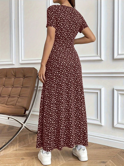 Floral V-Neck Short Sleeve Commuter Style Dress