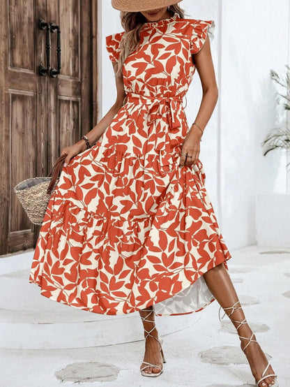 Leaf Print Midi Dress with Flying Sleeves and Lace-Up Waist