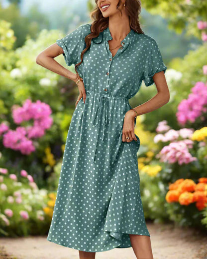 Polka Dot Print Button-Up Midi Shirt Dress