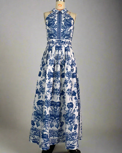 Blue Print Lapel Neck Sleeveless Floral Maxi Dress