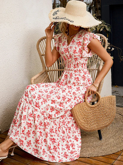 Floral Flounce Sleeve V-Neck Maxi Dress