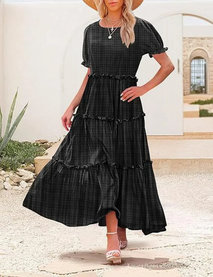 Bohemian Floral Maxi Dress with Puff Sleeves Skirt