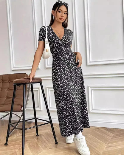 Floral V-Neck Short Sleeve Commuter Style Dress