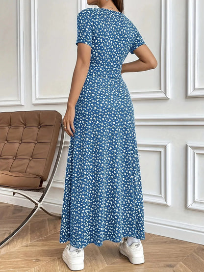 Floral V-Neck Short Sleeve Commuter Style Dress