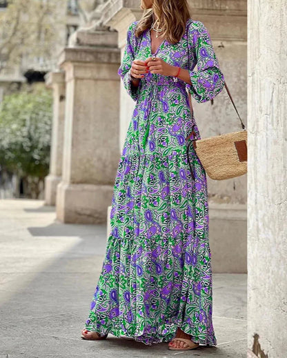 Bohemian V-Neck, Long Sleeve, High Waist Dress