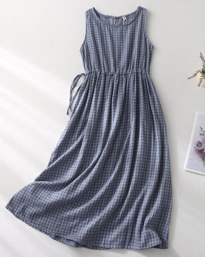 Sleeveless Midi Dress Drawstring A-Line Dress with Pockets