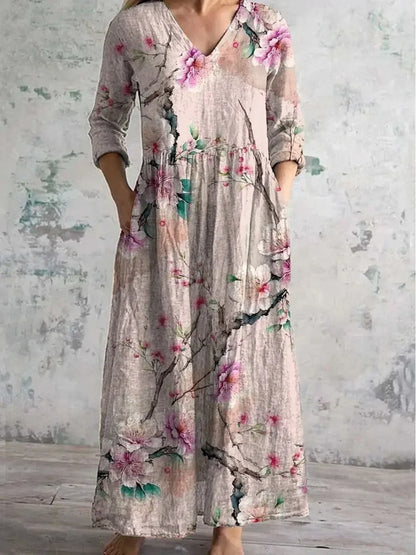 Casual Floral Print Mid-Length V-Neck Midi Dress