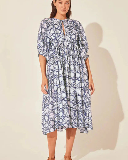 Boho Vintage Floral Puff Sleeve Patchwork Pleated Dress