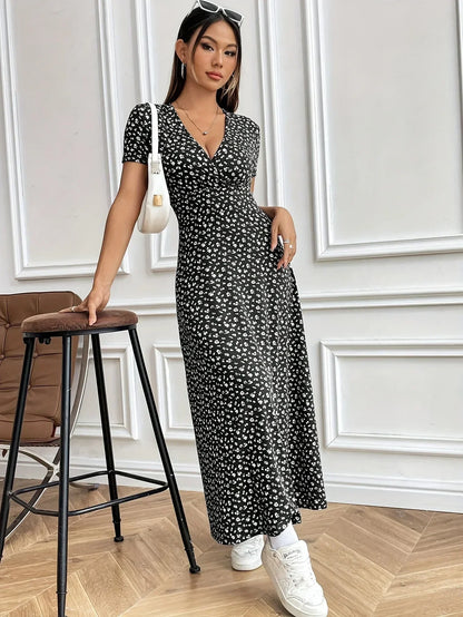 Floral V-Neck Short Sleeve Commuter Style Dress
