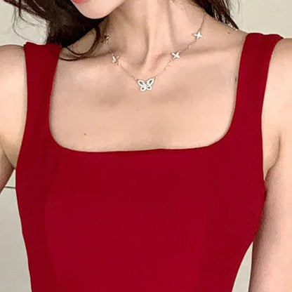 Square Collar Sleeveless A-Line Midi Dress