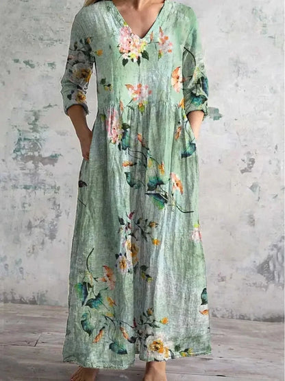 Casual Floral Print Mid-Length V-Neck Midi Dress