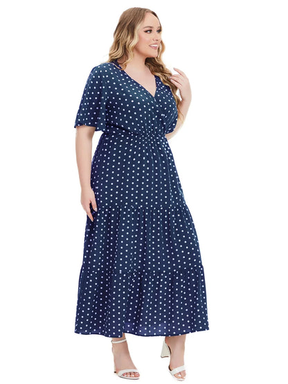 Plus Size Polka Dot V-Neck Boho Maxi Dress
