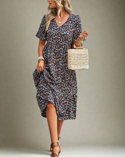 Boho Floral V-Neck Dress Casual Floral Knee-Length Outfit