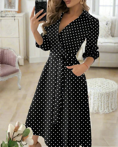 Women's Polka Dot Elegance Belted Midi Dress