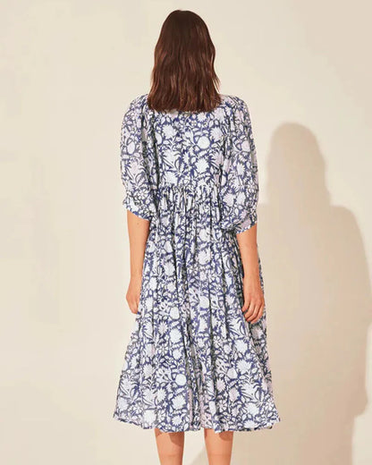 Boho Vintage Floral Puff Sleeve Patchwork Pleated Dress