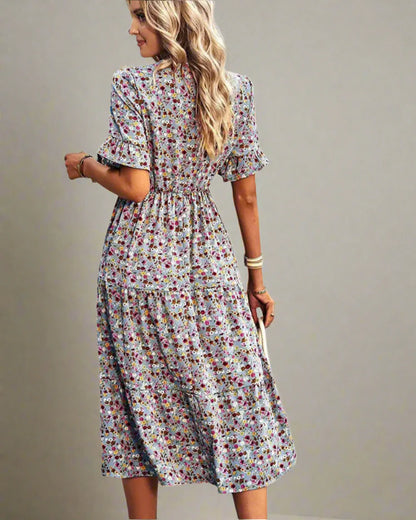 Boho Floral V-Neck Dress Casual Floral Knee-Length Outfit